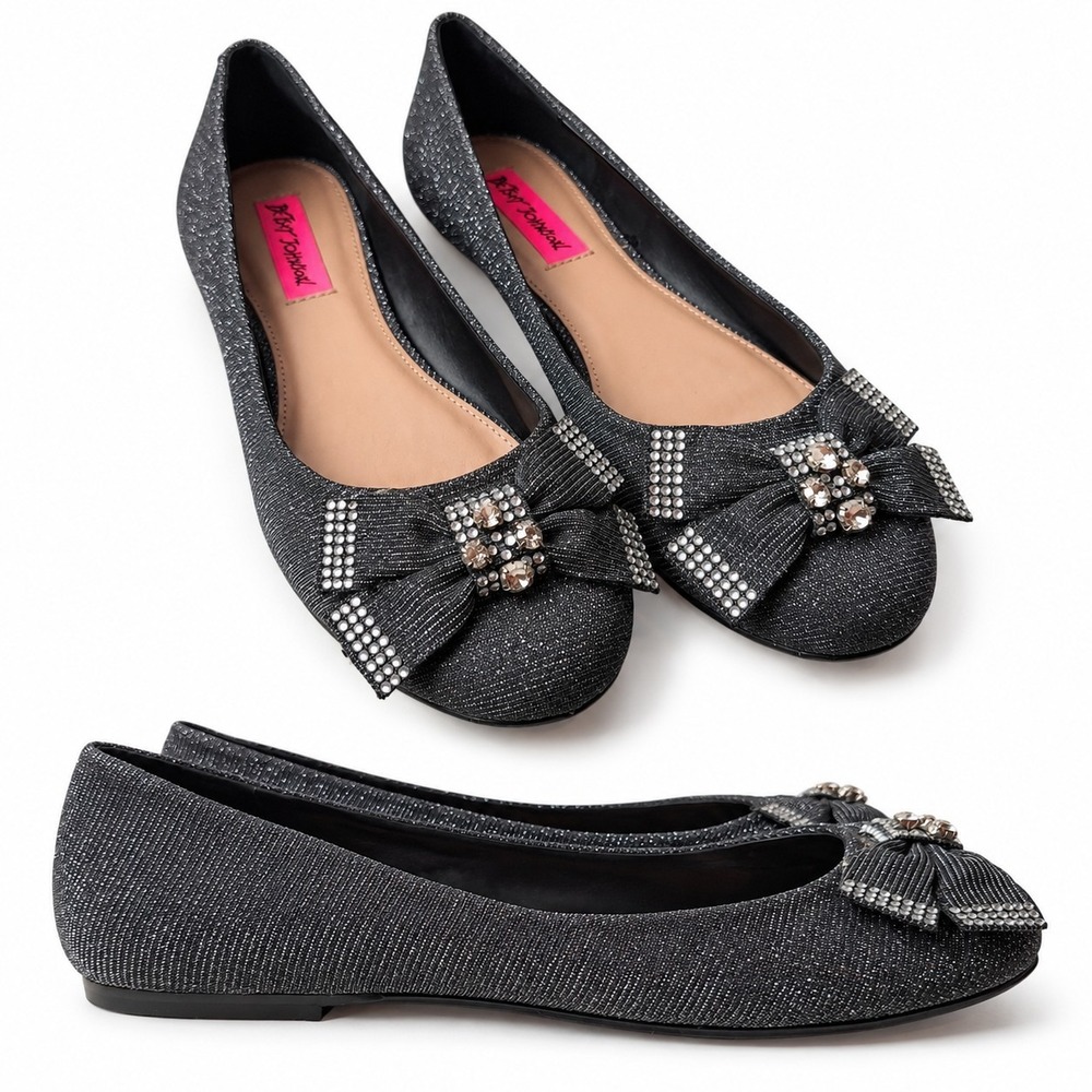 BETSEY JOHNSON "Emy" Ballet Flat Sz 8.5B Gray Glitter Shimmer Rhinestone Bow NEW